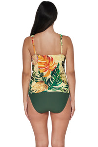 Back pose #1 of Nicki wearing Sunsets Escape Amber Oasis Emerson Tankini Top paired with coordinating Island Green Hannah High Waist Bottom