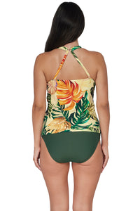 Back pose #1 of Nicki wearing Sunsets Escape Amber Oasis Emerson Tankini Top showing crossback straps paired with coordinating Island Green Hannah High Waist Bottom