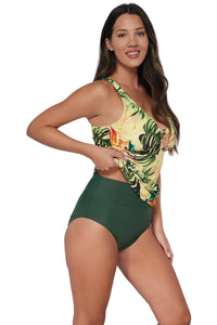 Quarter Sunsets Escape Amber Oasis Emerson Tankini Top 6 / AMBER / 948T lifted to show matching coordinating Island Green Hannah High Waist Bottom