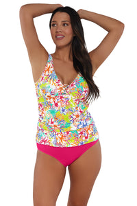 Active pose #1 of Nicki wearing Sunsets Escape Botanical Bliss Sandbar Rib Emerson Tankini Top