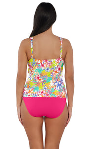 Back pose #1 of Nicki wearing Sunsets Escape Botanical Bliss Sandbar Rib Emerson Tankini Top