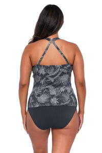 Back pose #1 of Nicky wearing Sunsets Escape Fanfare Seagrass Texture Emerson Tankini Top showing crossback straps with matching Hannah High Waist bikini bottom