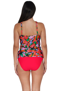 Back pose #1 of Nicki wearing Sunsets Escape Hummingbird Cove Emerson Tankini Top paired with coordinating Geranium Hannah High Waist Bottom