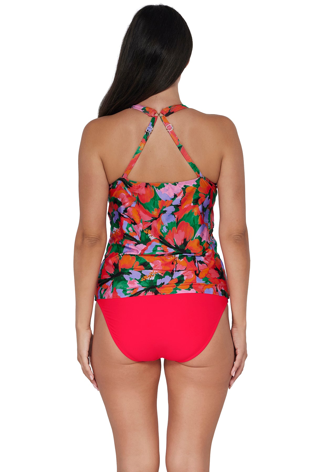 Back pose #1 of Nicki wearing Sunsets Escape Hummingbird Cove Emerson Tankini Top showing crossback straps paired with coordinating Geranium Hannah High Waist Bottom