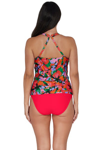 Back pose #1 of Nicki wearing Sunsets Escape Hummingbird Cove Emerson Tankini Top showing crossback straps paired with coordinating Geranium Hannah High Waist Bottom