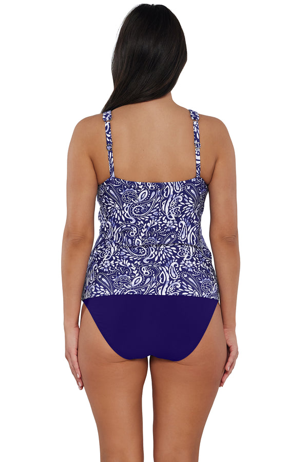 Back pose #1 of Nicki wearing Sunsets Escape Marina Emerson Tankini Top