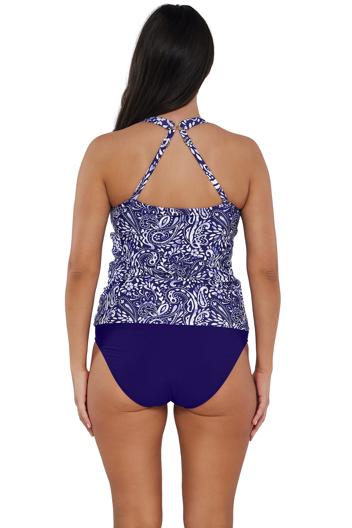 Back pose #1 of Nicki wearing Sunsets Escape Marina Emerson Tankini Top showing crossback straps