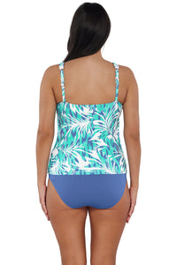 Back pose #1 of Nicki wearing Sunsets Escape Sea Breeze Sandbar Rib Emerson Tankini Top