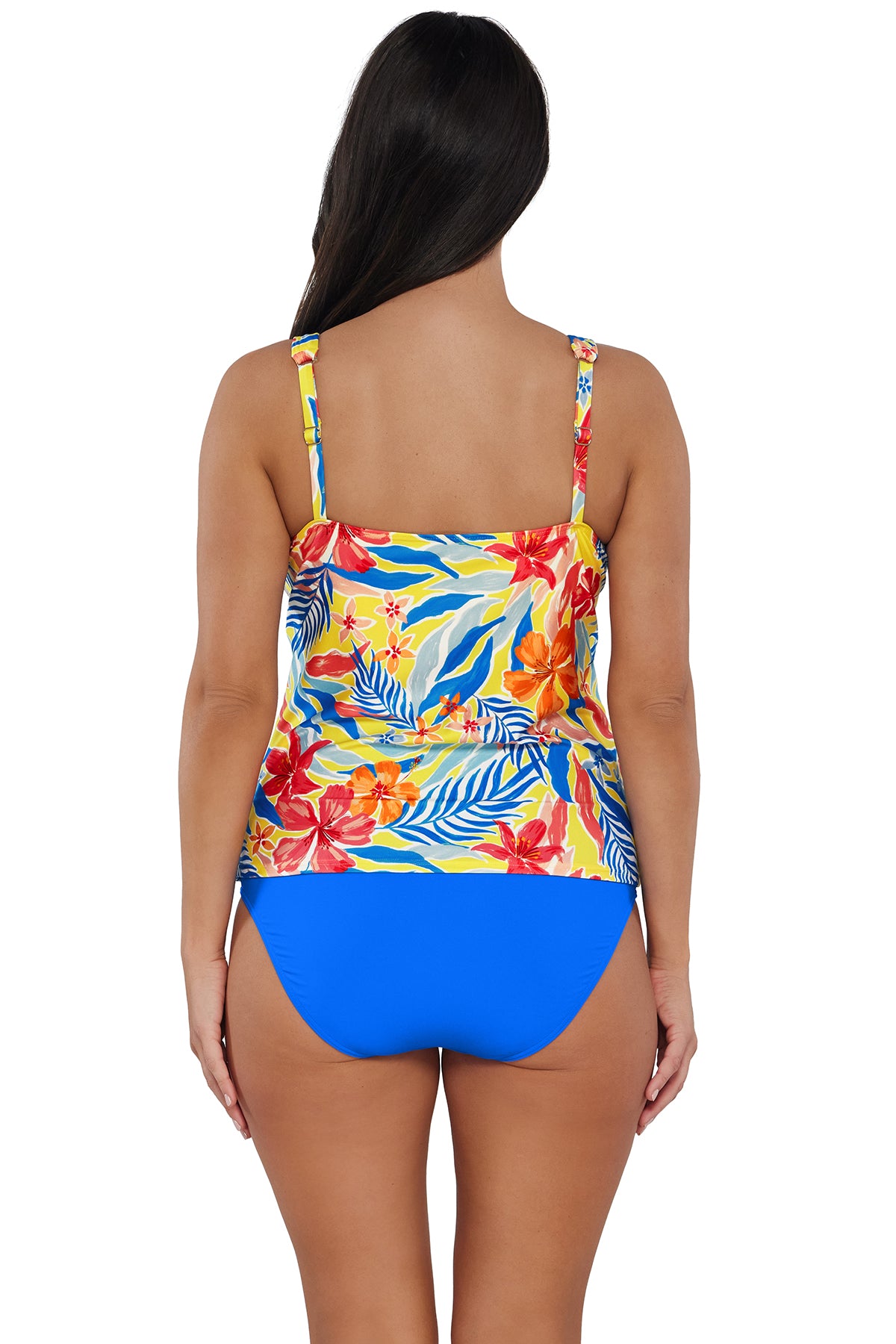 Back pose #1 of Nicki wearing Sunsets Escape Suncatcher Emerson Tankini Top paired with coordinating Electric Blue Hannah High Waist