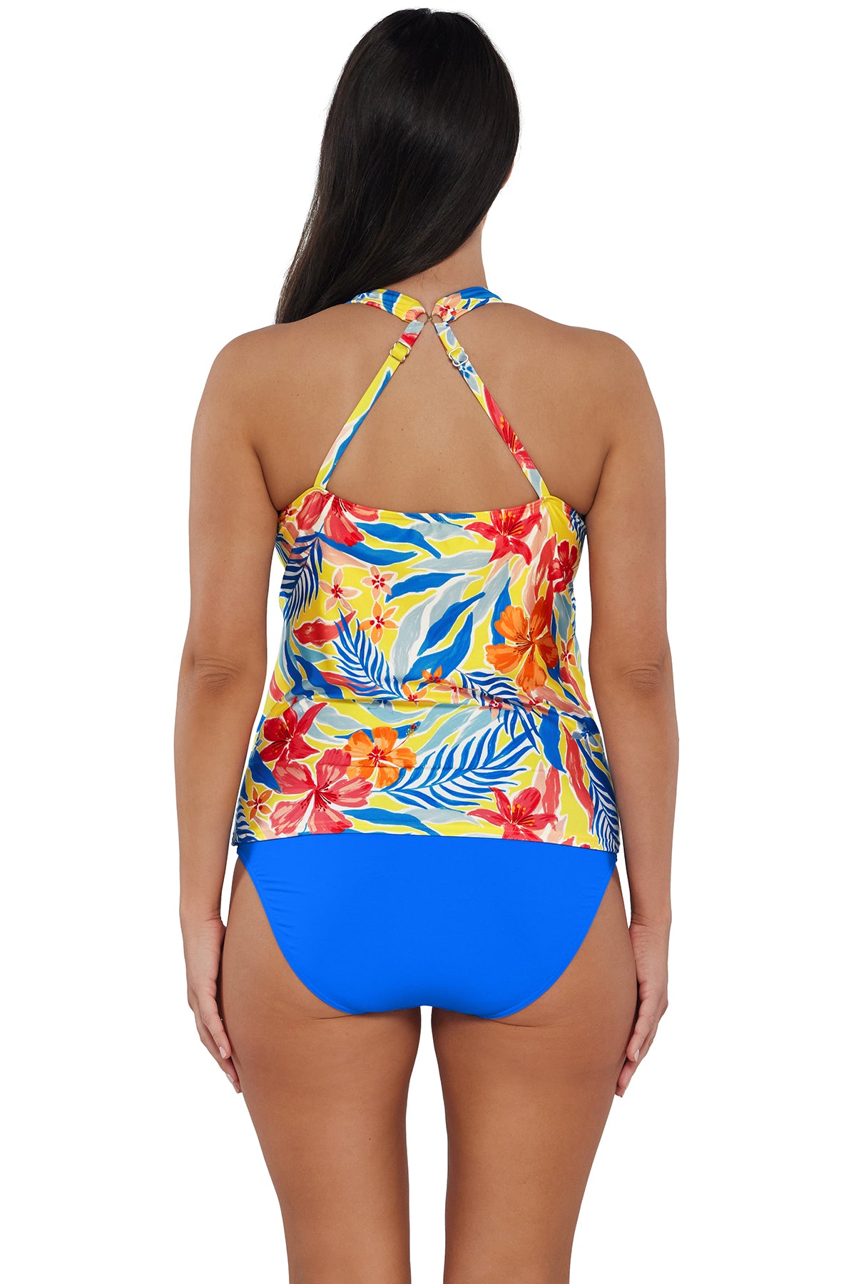 Back pose #1 of Nicki wearing Sunsets Escape Suncatcher Emerson Tankini Top showing crossback straps