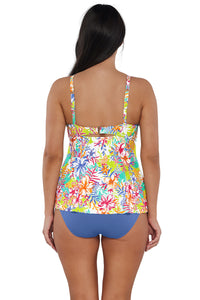 Back pose #1 of Nicki wearing Sunsets Escape Botanical Bliss Sandbar Rib Tori Tankini Top