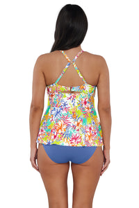 Back pose #1 of Nicki wearing Sunsets Escape Botanical Bliss Sandbar Rib Tori Tankini Top showing crossback straps