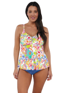 Front pose #1 of Nicki wearing Sunsets Escape Botanical Bliss Sandbar Rib Tori Tankini Top