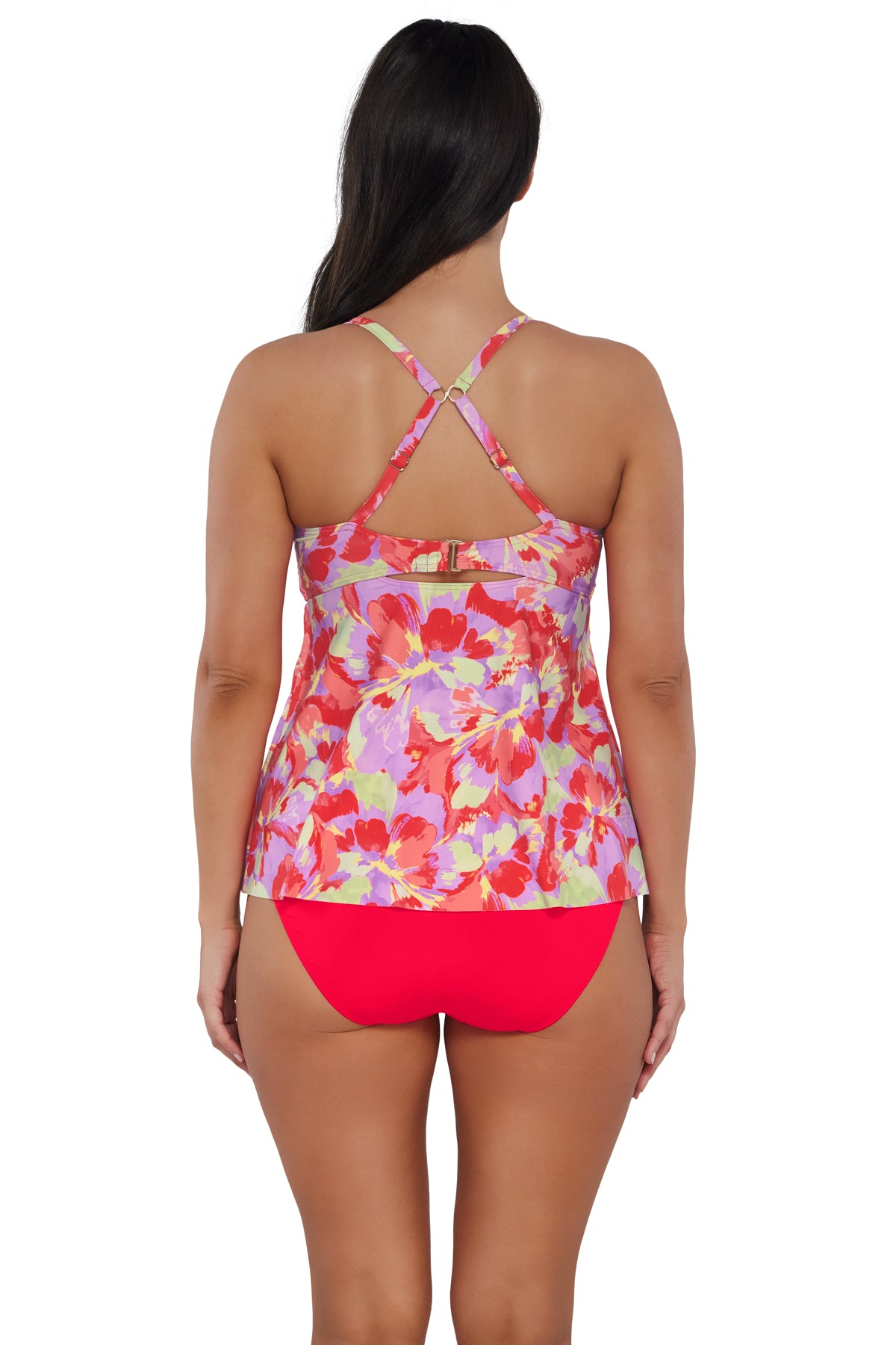 Back pose #1 of Nicki wearing Sunsets Escape Butterfly Beach Tori Tankini Top showing crossback straps