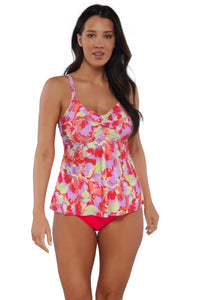 Front pose #1 of Nicki wearing Sunsets Escape Butterfly Beach Tori Tankini Top