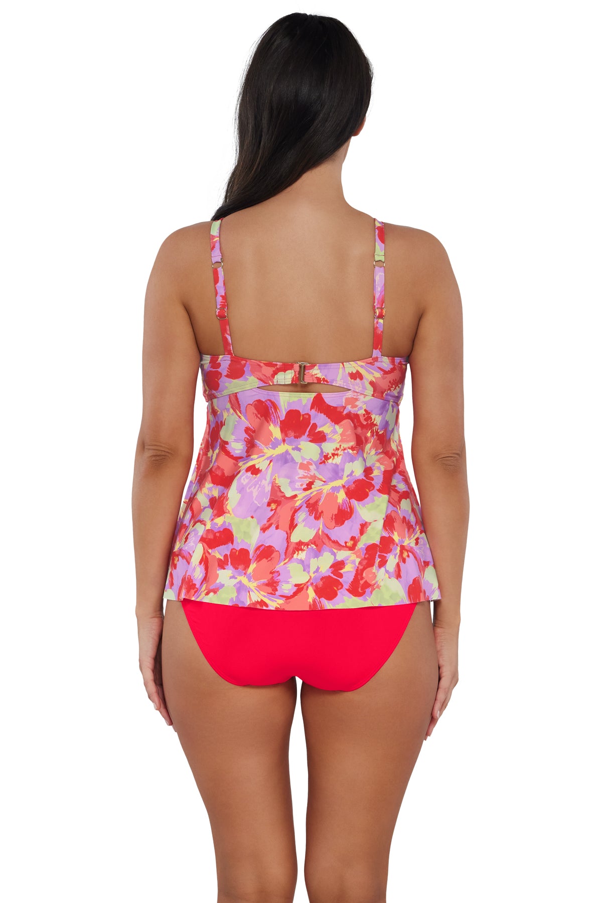 Back pose #1 of Nicki wearing Sunsets Escape Butterfly Beach Tori Tankini Top