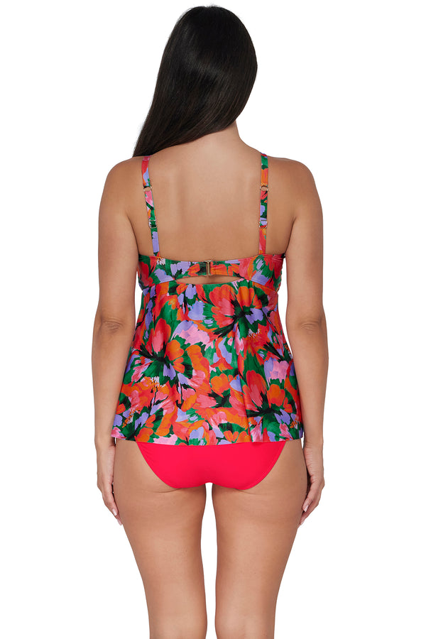 Back pose #1 of Nicki wearing Sunsets Escape Hummingbird Cove Tori Tankini Top paired with coordinating Geranium Hannah High Waist Bottom