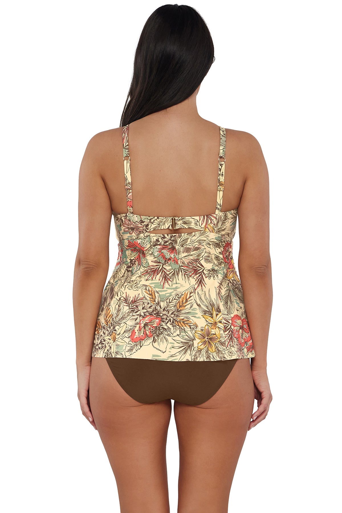 Back pose #1 of Nicki wearing Sunsets Escape Island Spice Tori Tankini Top