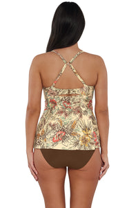 Back pose #1 of Nicki wearing Sunsets Escape Island Spice Tori Tankini Top showing crossback straps