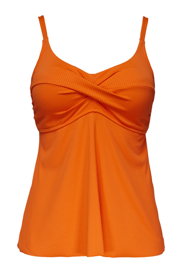 Front pose #1 of a floating garment shot featuring Sunsets Escape Kumquat Sandbar Rib Tori Tankini Top