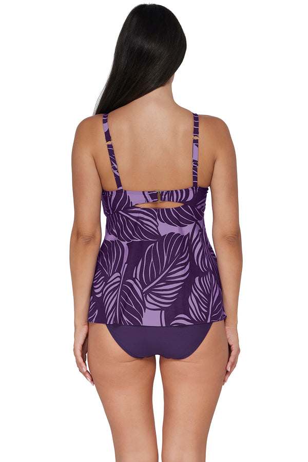 Back pose #1 of Nicki wearing Sunsets Escape Mystic Palms Tori Tankini Top paired with coordinating Paradise Plum Hannah High Waist Bottom