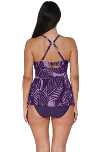 Back pose #1 of Nicki wearing Sunsets Escape Mystic Palms Tori Tankini Top showing crossback straps paired with coordinating Paradise Plum Hannah High Waist Bottom