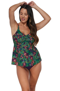 Front pose #2 of Nicki wearing Sunsets Escape Welcome To Rio Tori Tankini Top paired with coordinating Paradise Plum Hannah High Waist Bottom