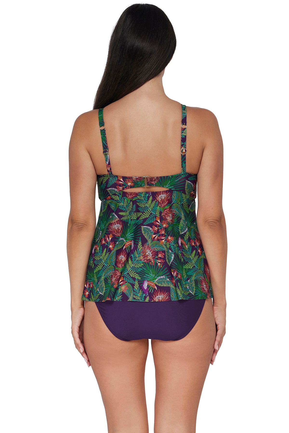 Back pose #1 of Nicki wearing Sunsets Escape Welcome To Rio Tori Tankini Top paired with coordinating Paradise Plum Hannah High Waist Bottom