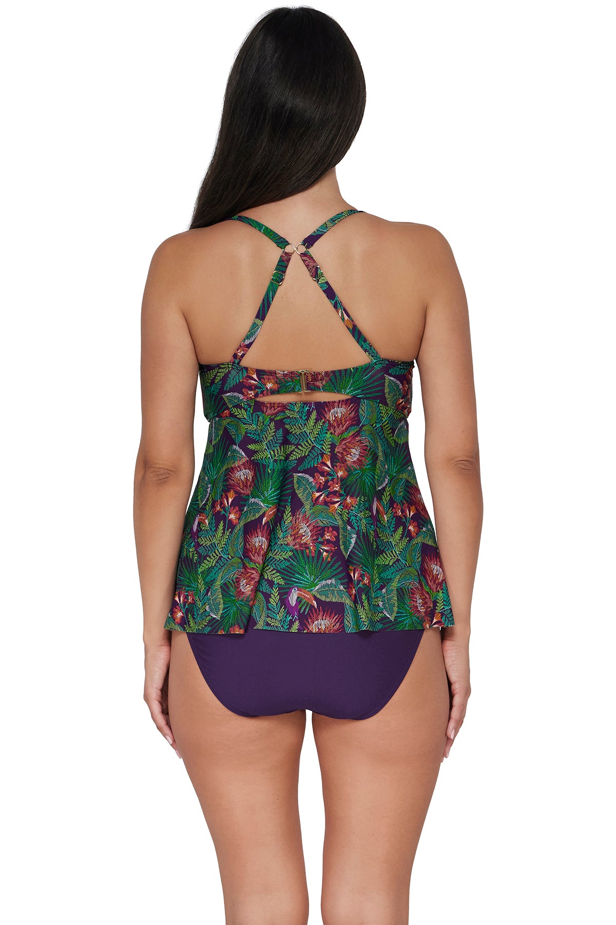 Back pose #1 of Nicki wearing Sunsets Escape Welcome To Rio Tori Tankini Top showing crossback straps paired with coordinating Paradise Plum Hannah High Waist Bottom