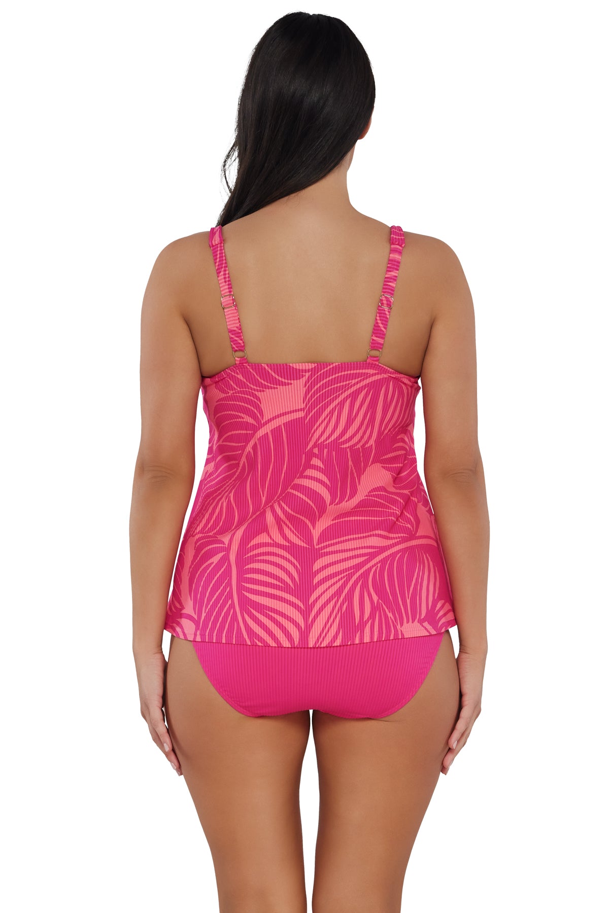 Back pose #1 of Nicki wearing Sunsets Escape Blushing Palms Sandbar Rib Jenna Tankini Top