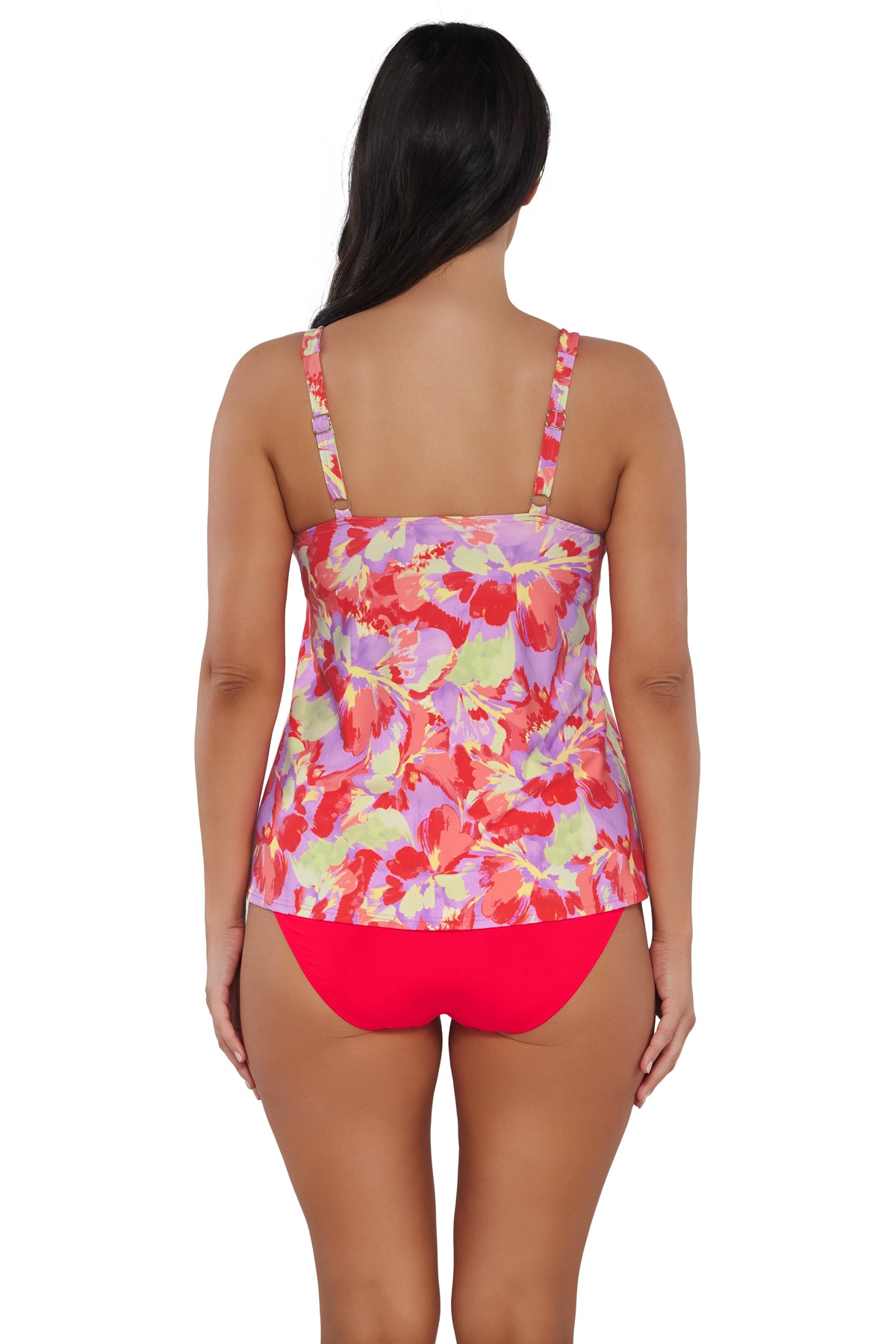 Back pose #1 of Nicki wearing Sunsets Escape Butterfly Beach Jenna Tankini Top