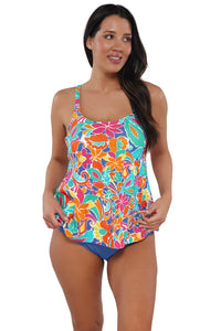 Active pose #1 of Nicki wearing Sunsets Escape Festive Floral Sandbar Rib Jenna Tankini Top