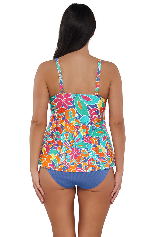 Back pose #1 of Nicki wearing Sunsets Escape Festive Floral Sandbar Rib Jenna Tankini Top