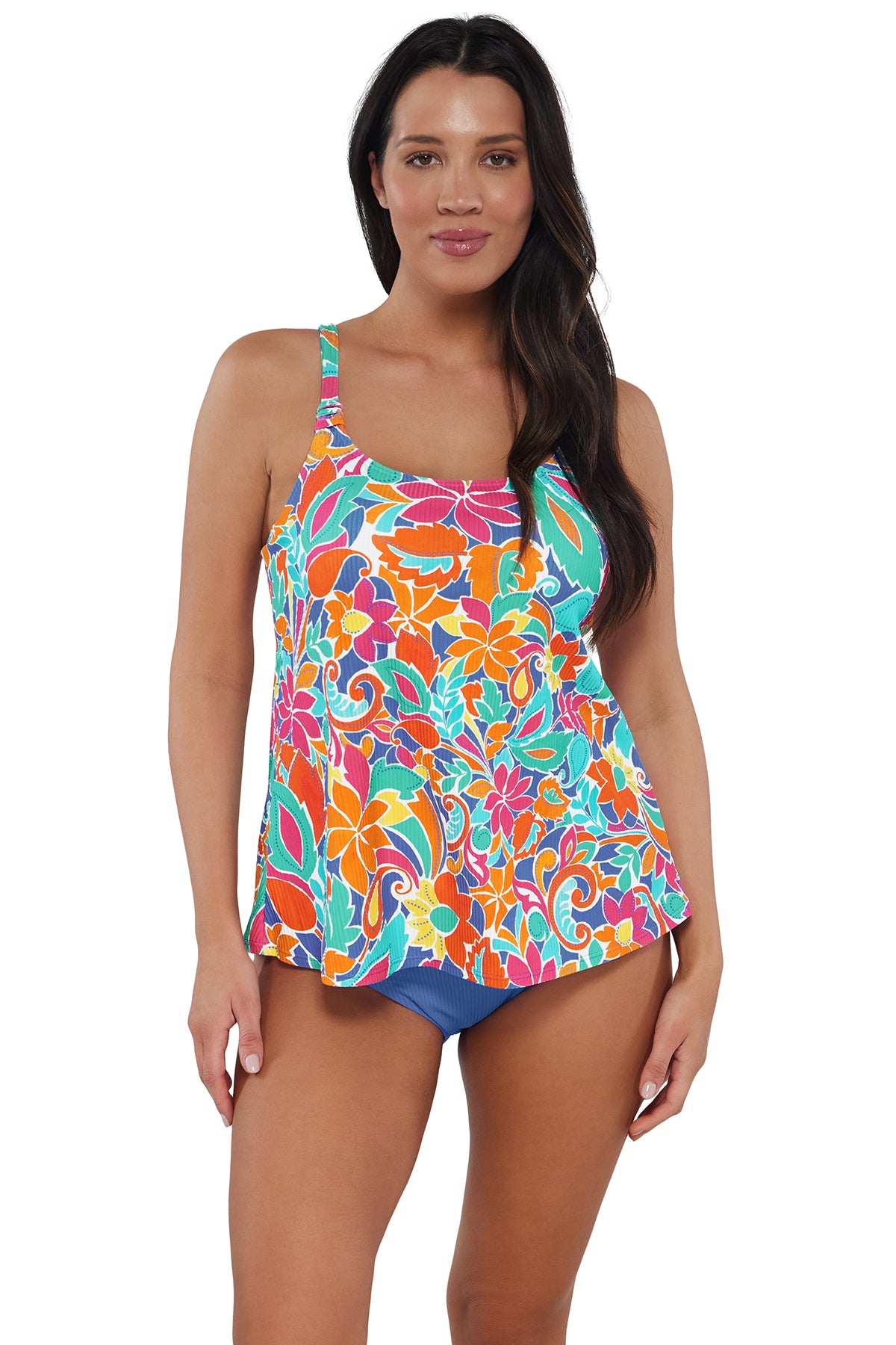 Front pose #1 of Nicki wearing Sunsets Escape Festive Floral Sandbar Rib Jenna Tankini Top