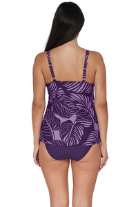 Back pose #1 of Nicki wearing Sunsets Escape Mystic Palms Jenna Tankini Top paired with coordinating Paradise Plum Hannah High Waist Bottom