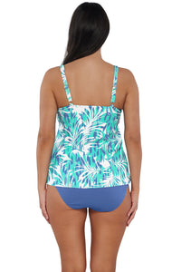 Back pose #1 of Nicki wearing Sunsets Escape Sea Breeze Sandbar Rib Jenna Tankini Top