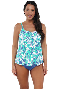 Front pose #1 of Nicki wearing Sunsets Escape Sea Breeze Sandbar Rib Jenna Tankini Top