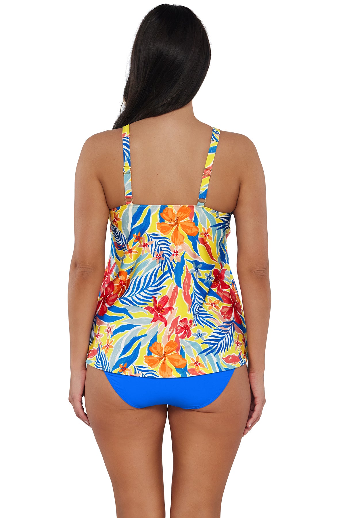 Back pose #1 of Nicki wearing Sunsets Escape Suncatcher Jenna Tankini Top paired with coordinating Electric Blue Hannah High Waist