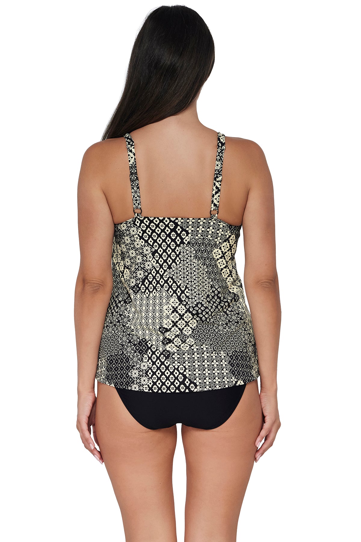 Back pose #1 of Nicki wearing Sunsets Escape Venice Seagrass Texture Jenna Tankini Top