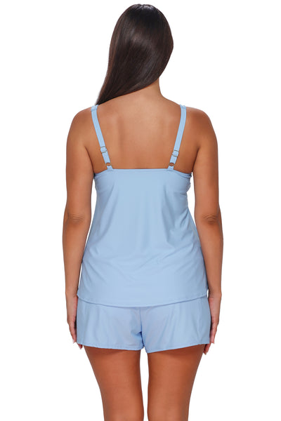 Back pose #1 of Nicki wearing Sunsets Escape Blue Whisper Jenna Tankini Top