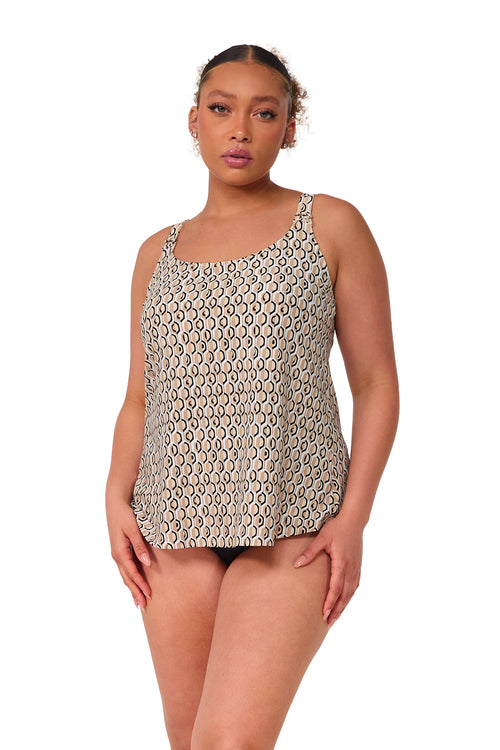 Front pose #1 of Haviland wearing Sunsets Escape Sand Drift Jenna Tankini Top