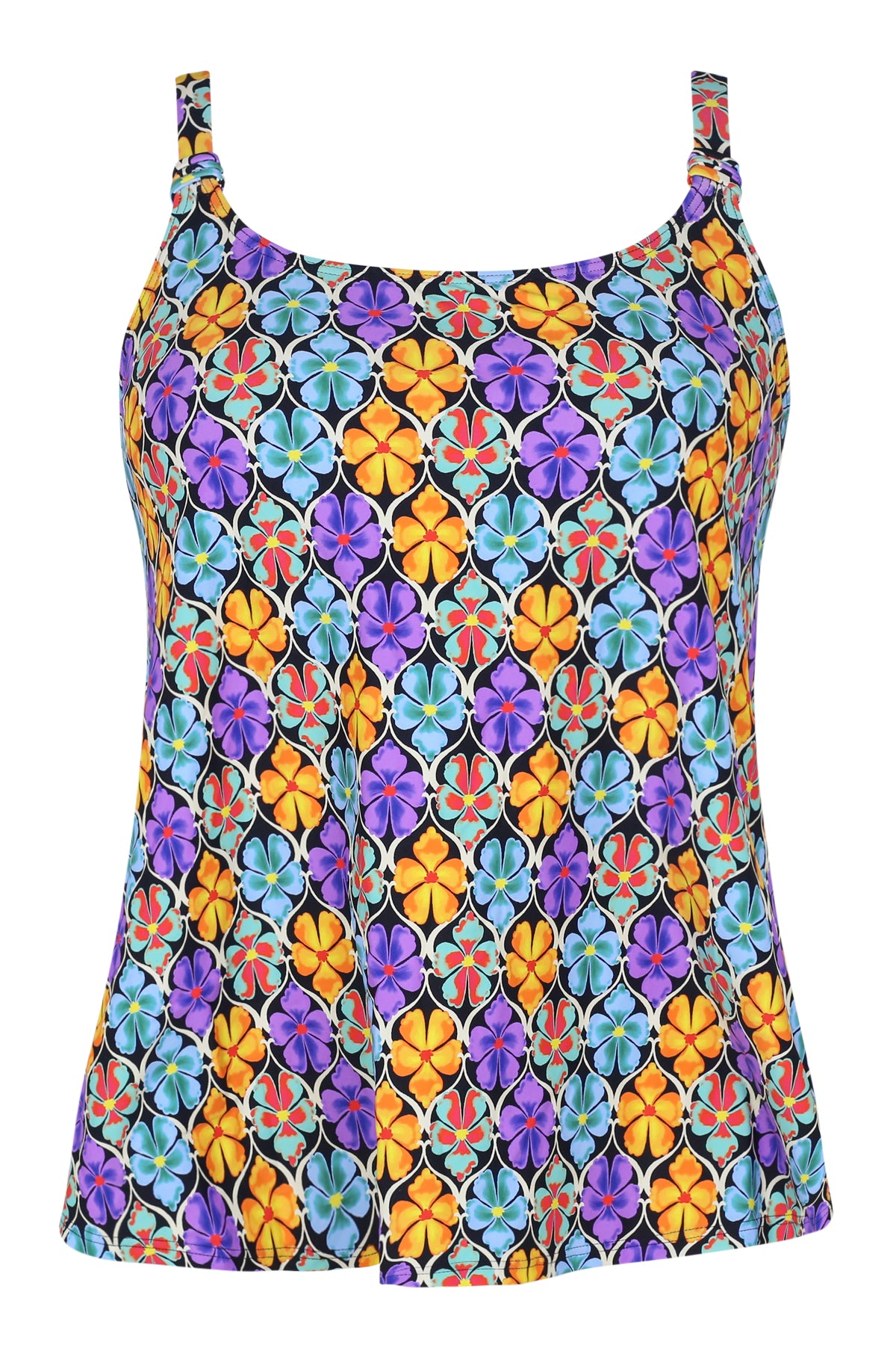 Front pose #1 of a floating garment shot featuring Sunsets Escape Trellis Blooms Jenna Tankini Top