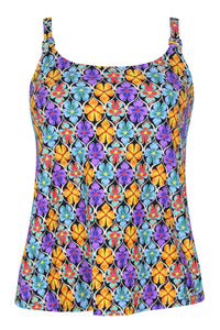 Front pose #1 of a floating garment shot featuring Sunsets Escape Trellis Blooms Jenna Tankini Top