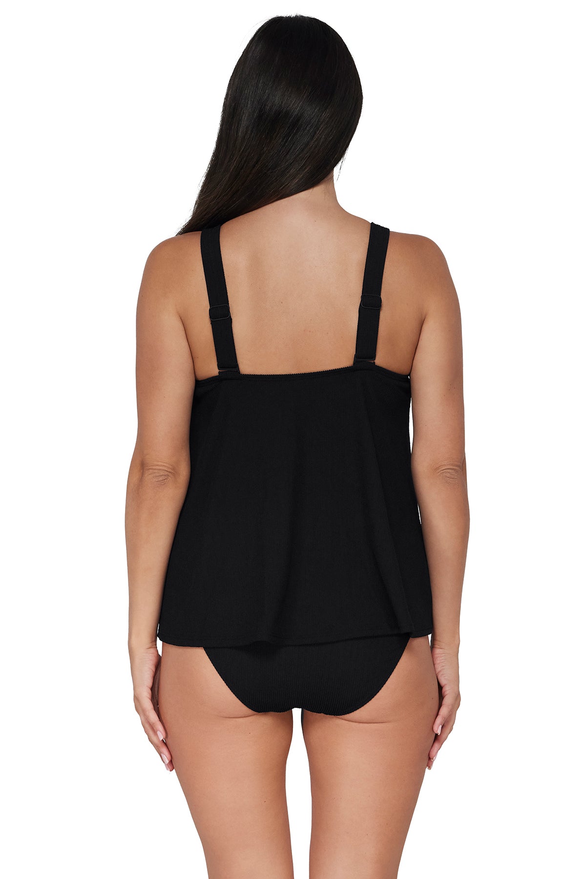 Back pose #1 of Nikki wearing Pacifica Black Sadie Tankini paired with matching Astrid High Waist bottom