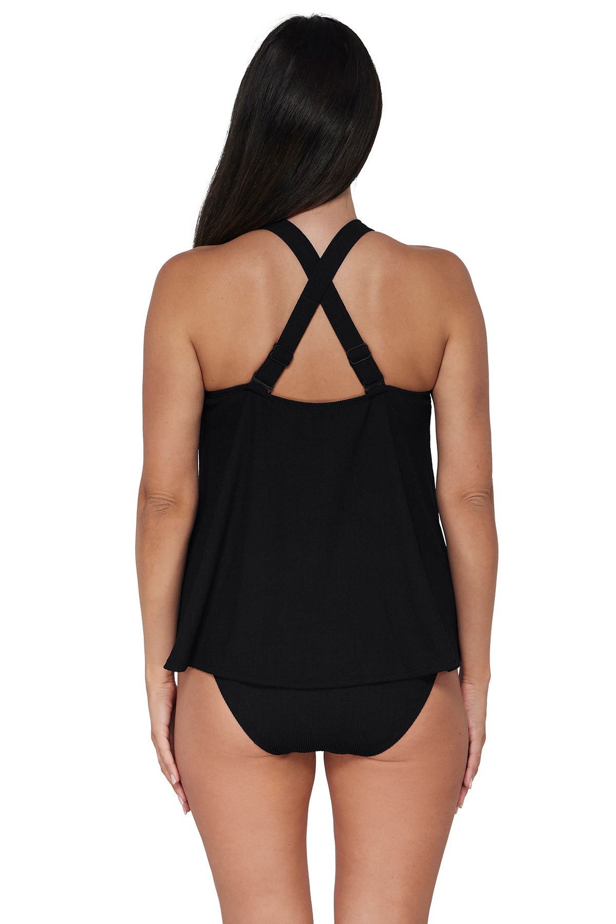 Back pose #1 of Nikki wearing Pacifica Black Sadie Tankini showing crossback straps paired with matching Astrid High Waist bottom