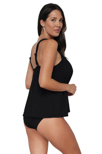 Oblique pose #1 of Nikki wearing Pacifica Black Sadie Tankini paired with matching Astrid High Waist bottom