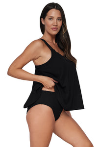 Quarter pose #1 of Nikki wearing Pacifica Black Sadie Tankini lifted to show matching Astrid High Waist bottom