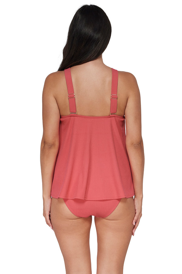 Back pose #1 of Nikki wearing Pacifica Hibiscus Tea Sadie Tankini paired with matching Astrid High Waist Bottom