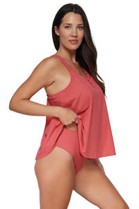 Quarter pose #1 of Nikki wearing Pacifica Hibiscus Tea Sadie Tankini lifted to show matching Astrid High Waist Bottom