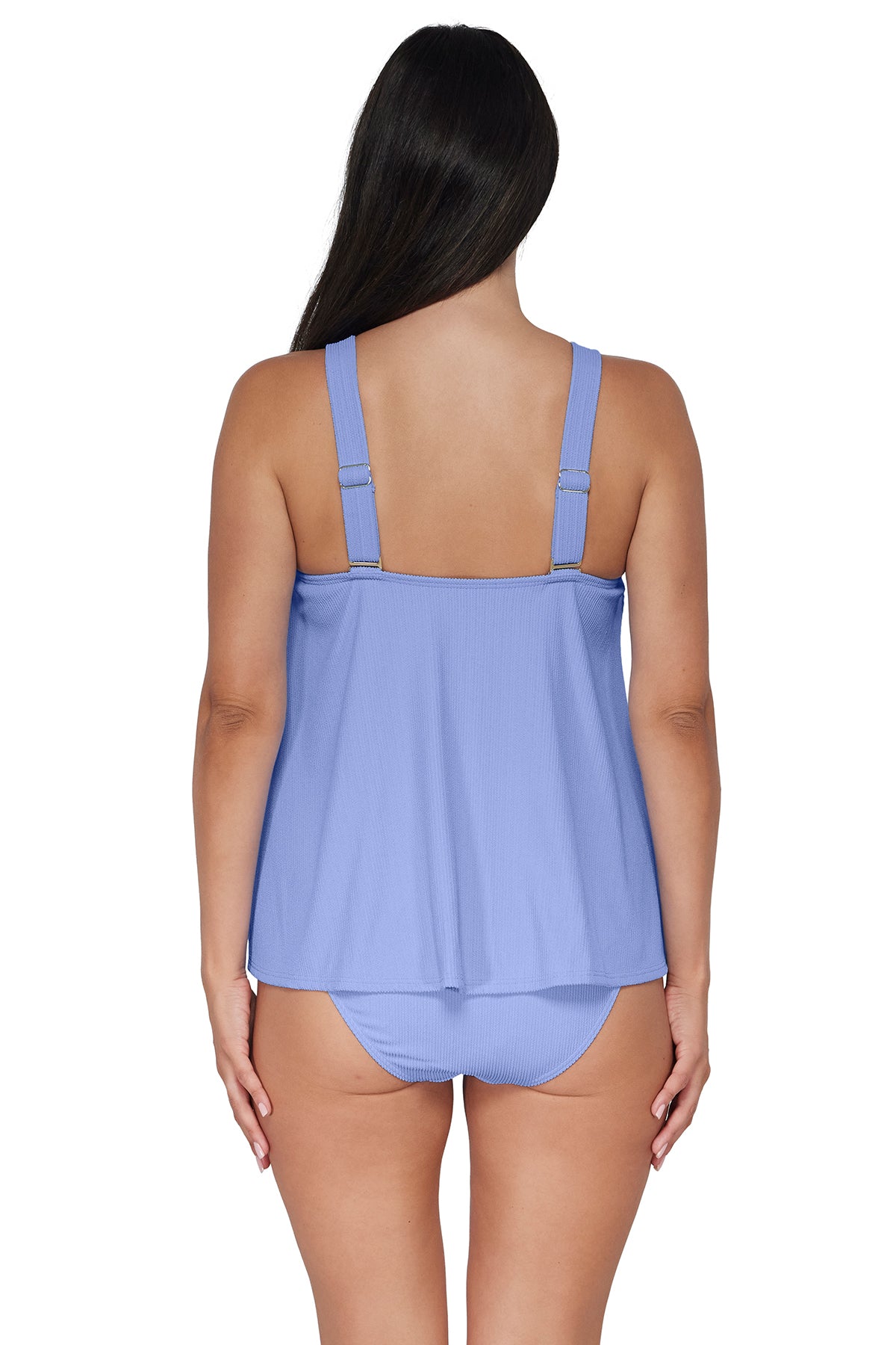 Back pose #1 of Nikki wearing Pacifica Hydrangea Sadie Tankini paired with matching Astrid High Waist Bottom